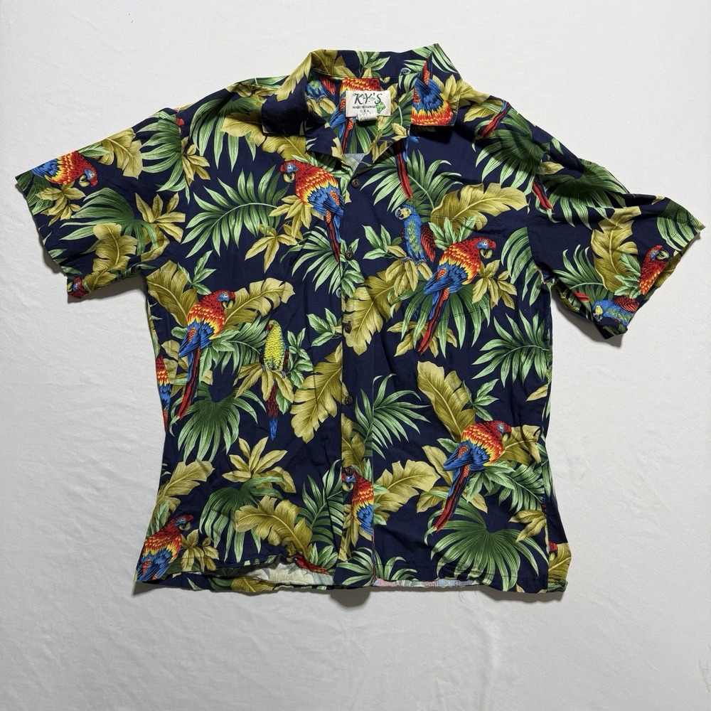 KYs Aloha Shirt XL Made in Hawaii Parrot Tropical Navy 100% Cotton Button Up